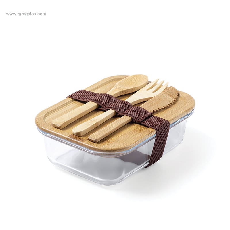 Fiambrera cristal con cubiertos bambú para logo
