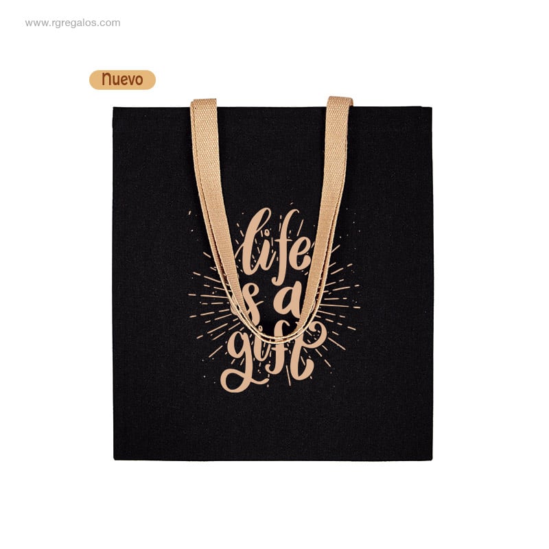 Bolsa algodón negra asas marrón personalizada