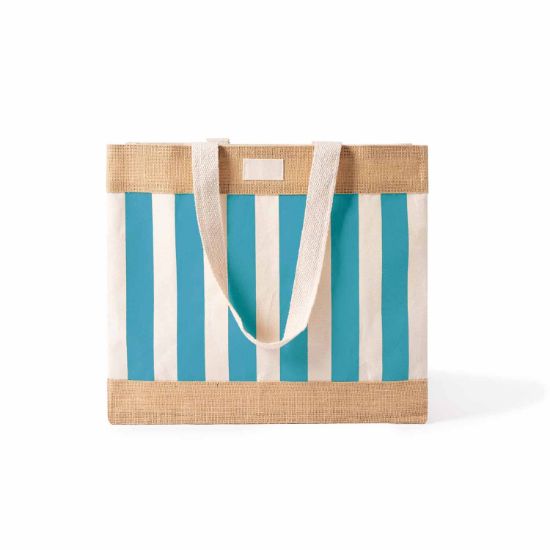 Bolsa de rayas celestes y blancas con fuelle lateral de 17 cm para regalos publicitarios de alta gama