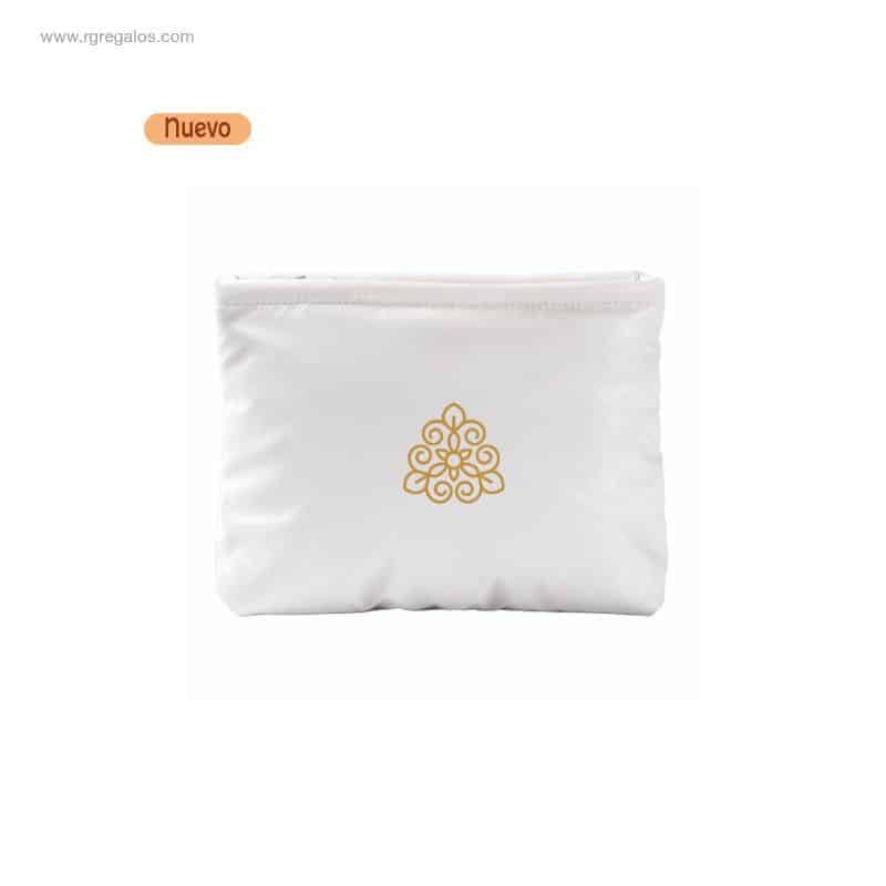 Neceser de poliéster blanco acolchado con logotipo geométrico dorado para marcas de cosmética y bienestar