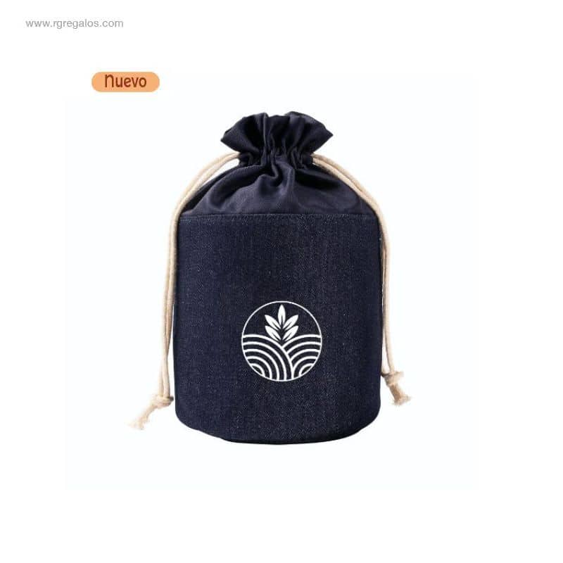 Neceser cilíndrico de lona denim azul con logotipo corporativo blanco estampado en el frontal