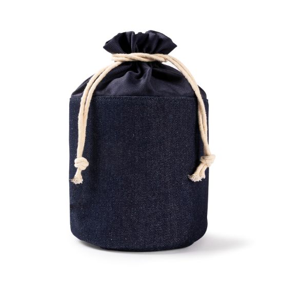 Neceser cilíndrico de lona azul marino sin personalizar con cordones de algodón en color crudo