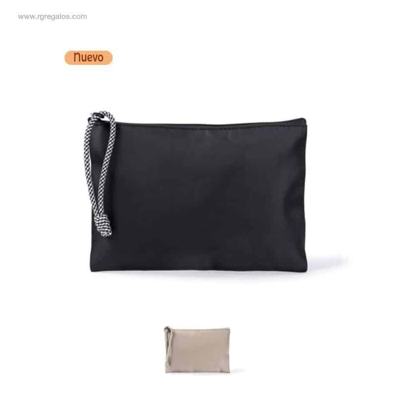 Necesser pla de nylon de 240 g/m² en colors negre i beix amb cordó bicolor per a marxandatge massiu