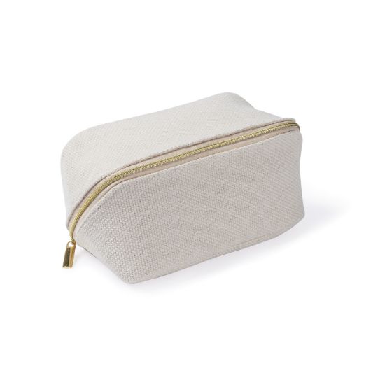 Perspectiva lateral del neceser de poliéster crema destacando su acabado de tacto suave y cuerpo firme