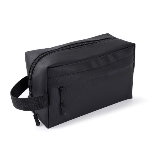 Perspectiva del neceser de PU negro mostrando el asa lateral reforzada y la amplitud del fondo