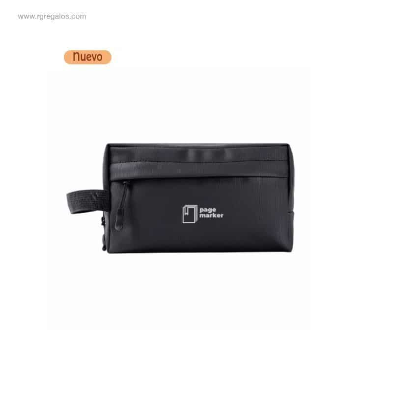 Neceser negro de PU de 500 g/m² con logotipo corporativo blanco y asa lateral para regalos de empresa