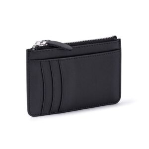 Perspectiva lateral de cartera tarjetero de cuero negro destacando su diseño ultra slim de 0,5 cm