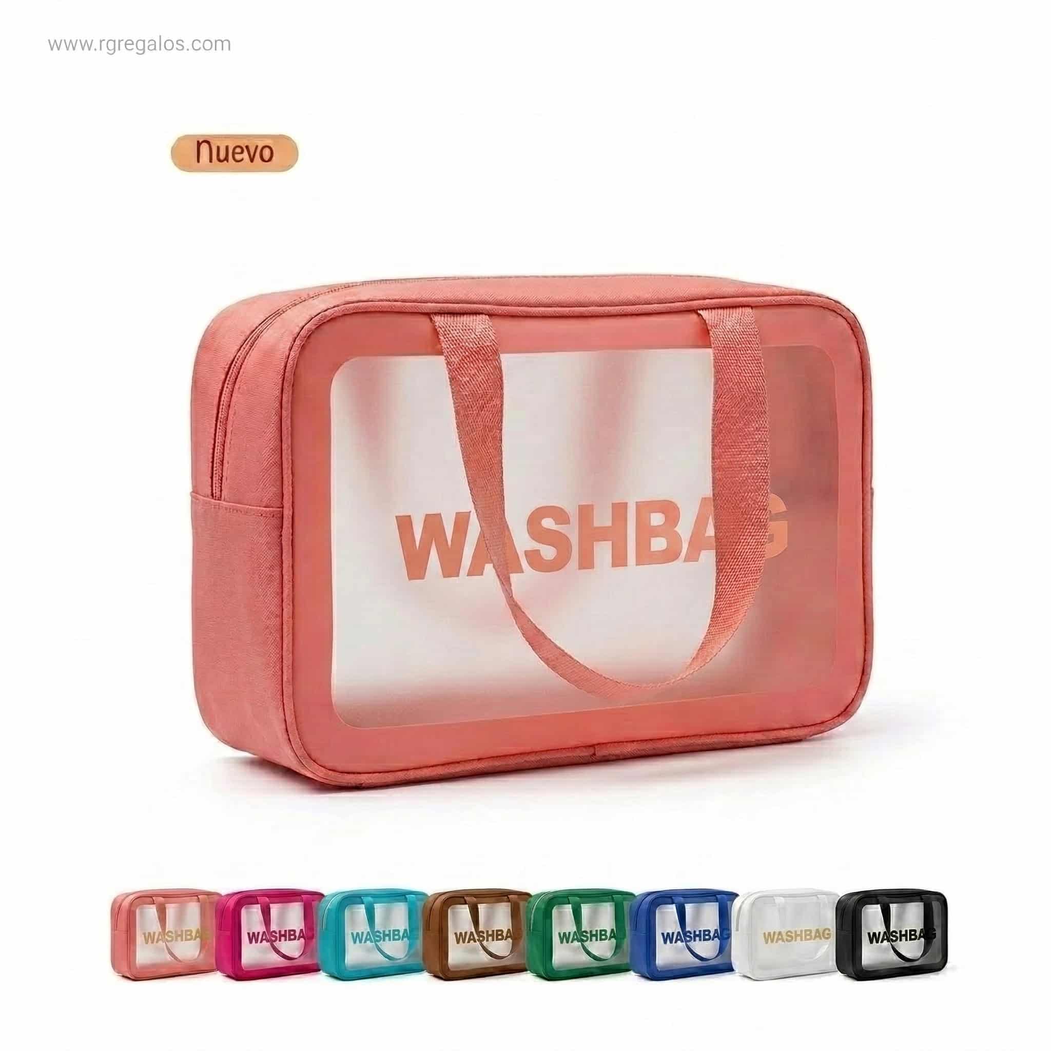 Maletí necesser de PVC translúcid en color coral amb text Washbag i mostres de colors corporatius per a regals publicitaris