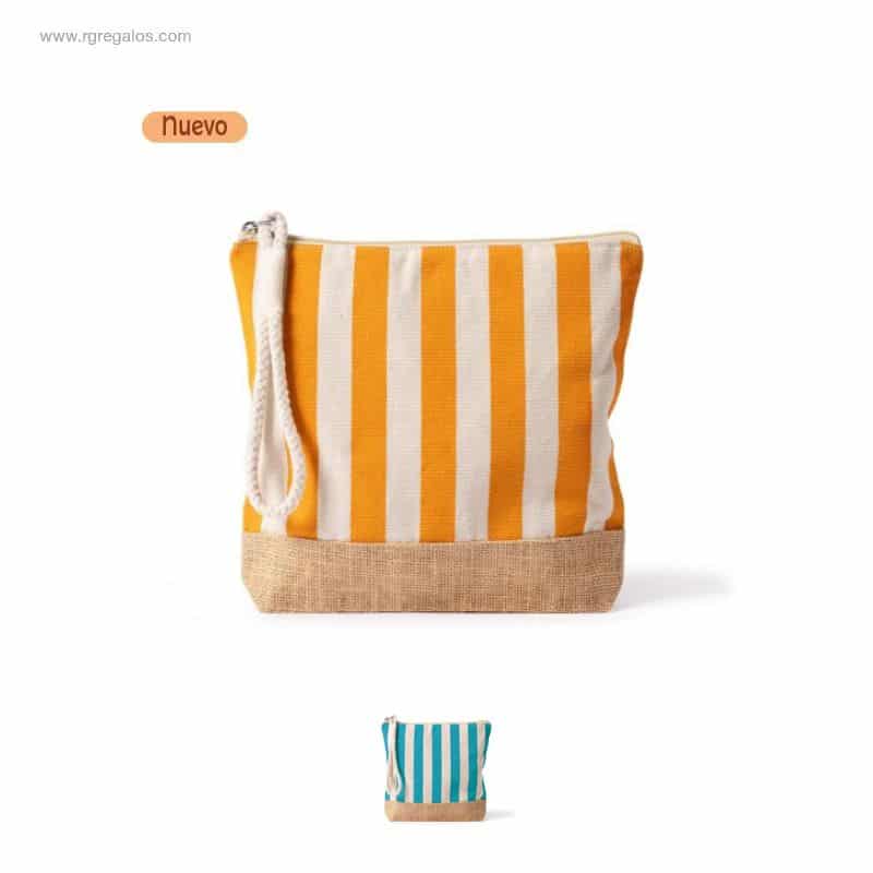 Necesser de cotó i jute amb estampat de ratlles grogues i turqueses per a marxandatge ecològic d' alta qualitat